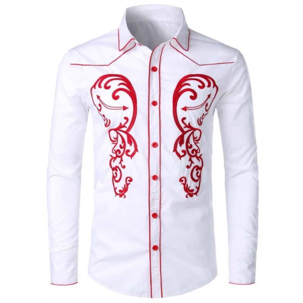Embroidery Design ong Sleeves Shirt - White Fansmadedirect