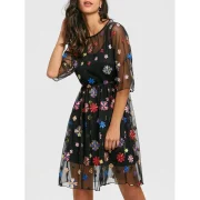 Embroidery Floral Sheer Dress with Cami Dress - Black Fansmadedirect