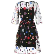 Embroidery Floral Sheer Dress with Cami Dress - Black Fansmadedirect