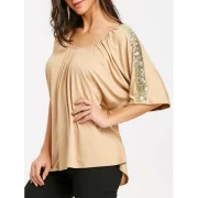 equins Embellished Batwing leeve Blouse - Light Khaki Fansmadedirect