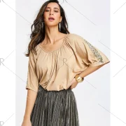 equins Embellished Batwing leeve Blouse - Light Khaki Fansmadedirect