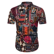 Ethnic Flower Print Stand Collar Half Button Shirt - Rose Red Fansmadedirect