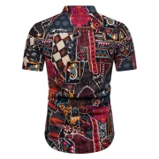 Ethnic Flower Print Stand Collar Half Button Shirt - Rose Red Fansmadedirect