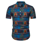 Ethnic Geometric Pattern Short Sleeves Shirt - Blue Fansmadedirect