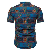 Ethnic Geometric Pattern Short Sleeves Shirt - Blue Fansmadedirect