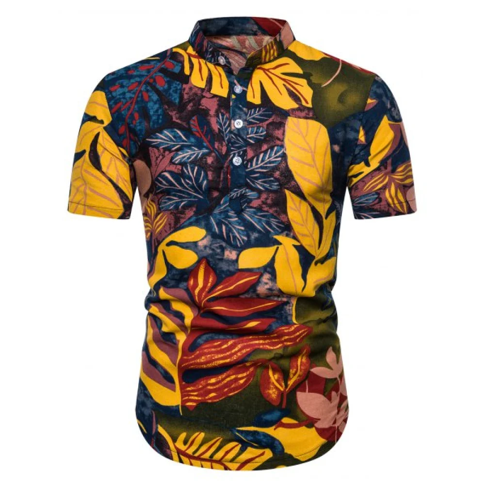 Ethnic Leaf Print Stand Collar Half Button Shirt - Fansmadedirect