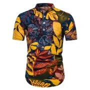 Ethnic Leaf Print Stand Collar Half Button Shirt - Fansmadedirect