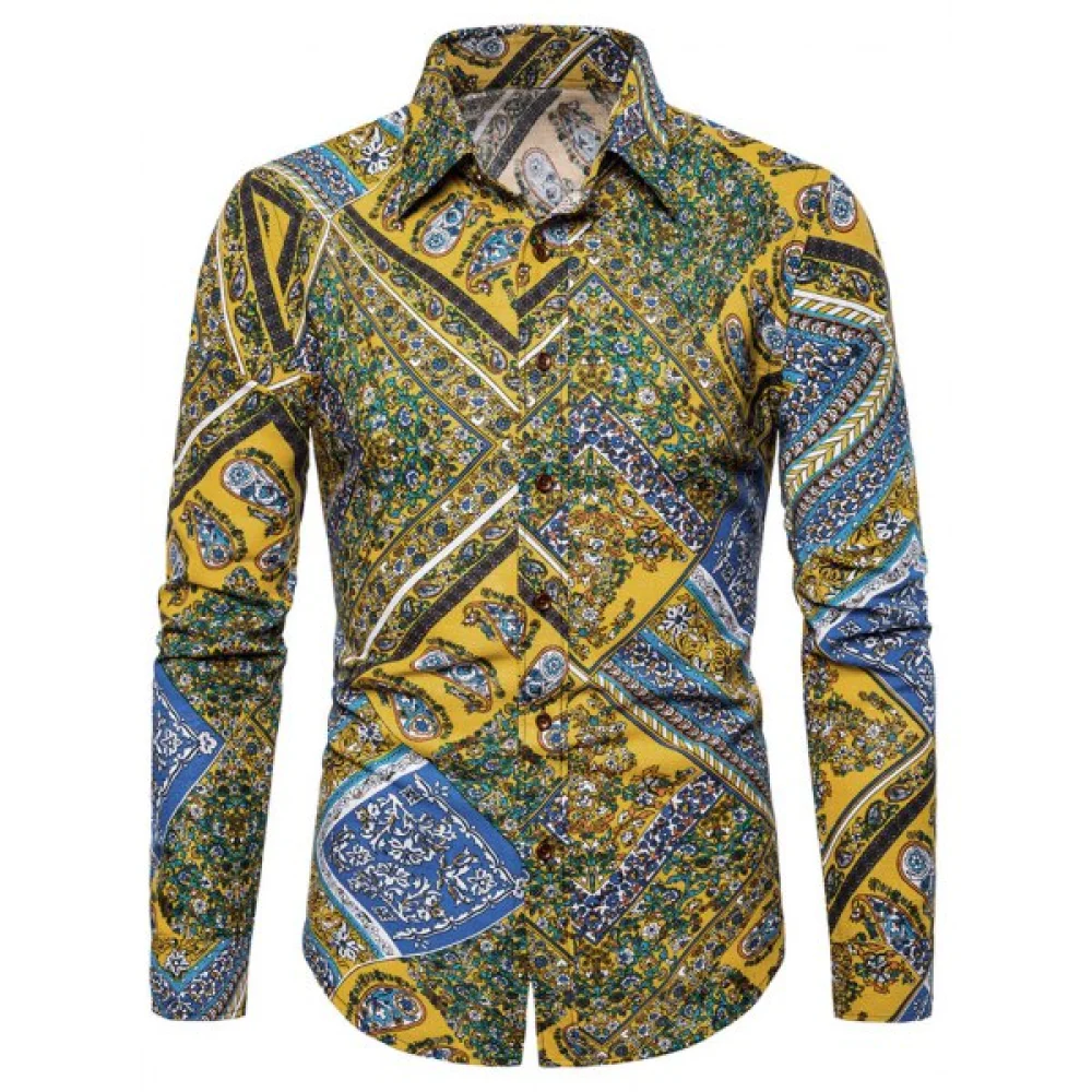 Ethnic Paisley Printed ong Sleeves Shirt - Yellow Fansmadedirect