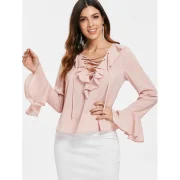 Falbala Trim Long leeve Lacing Blouse - Light Pink Fansmadedirect