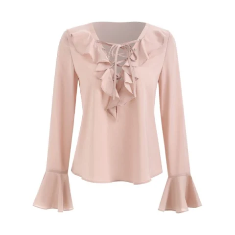 Falbala Trim Long leeve Lacing Blouse - Light Pink Fansmadedirect