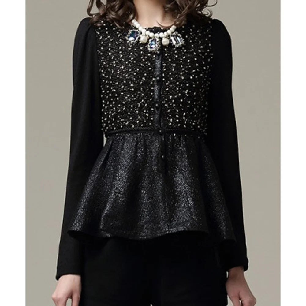 Fashionable Round Neck Beading Embellished Slimming ong Sleeve Blouse For Women - Black Fansmadedirect