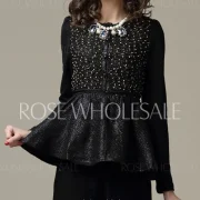Fashionable Round Neck Beading Embellished Slimming ong Sleeve Blouse For Women - Black Fansmadedirect