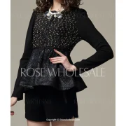 Fashionable Round Neck Beading Embellished Slimming ong Sleeve Blouse For Women - Black Fansmadedirect