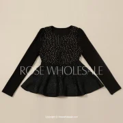 Fashionable Round Neck Beading Embellished Slimming ong Sleeve Blouse For Women - Black Fansmadedirect