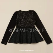 Fashionable Round Neck Beading Embellished Slimming ong Sleeve Blouse For Women - Black Fansmadedirect