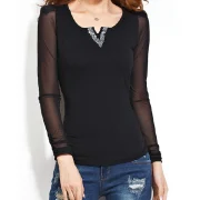 Fashionable Scoop Neck Butterfly Print Long Sleeve T-Shirt For Women - Black Fansmadedirect