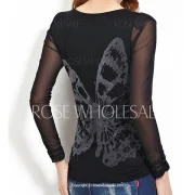 Fashionable Scoop Neck Butterfly Print Long Sleeve T-Shirt For Women - Black Fansmadedirect