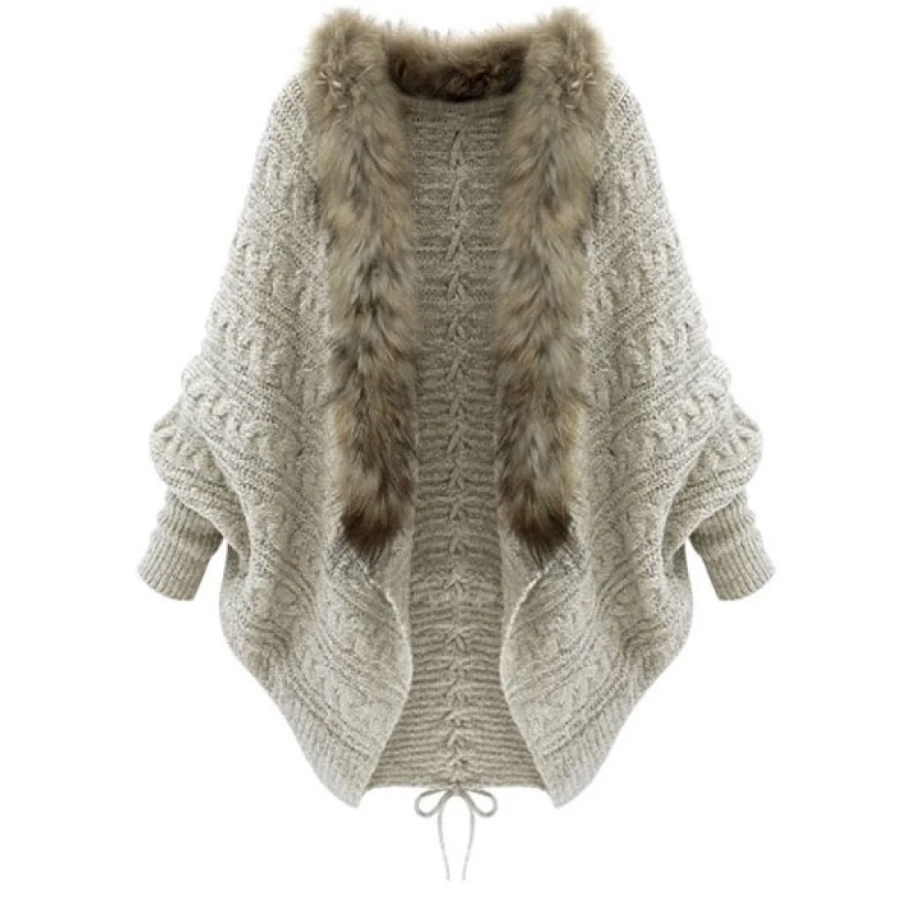 Faux Fur Batwing Sleeve Open Front Cardigan - Light Khaki One Fansmadedirect