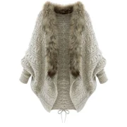 Faux Fur Batwing Sleeve Open Front Cardigan - Light Khaki One Fansmadedirect
