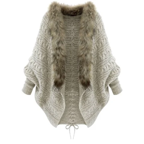 Faux Fur Batwing Sleeve Open Front Cardigan - Light Khaki One Fansmadedirect