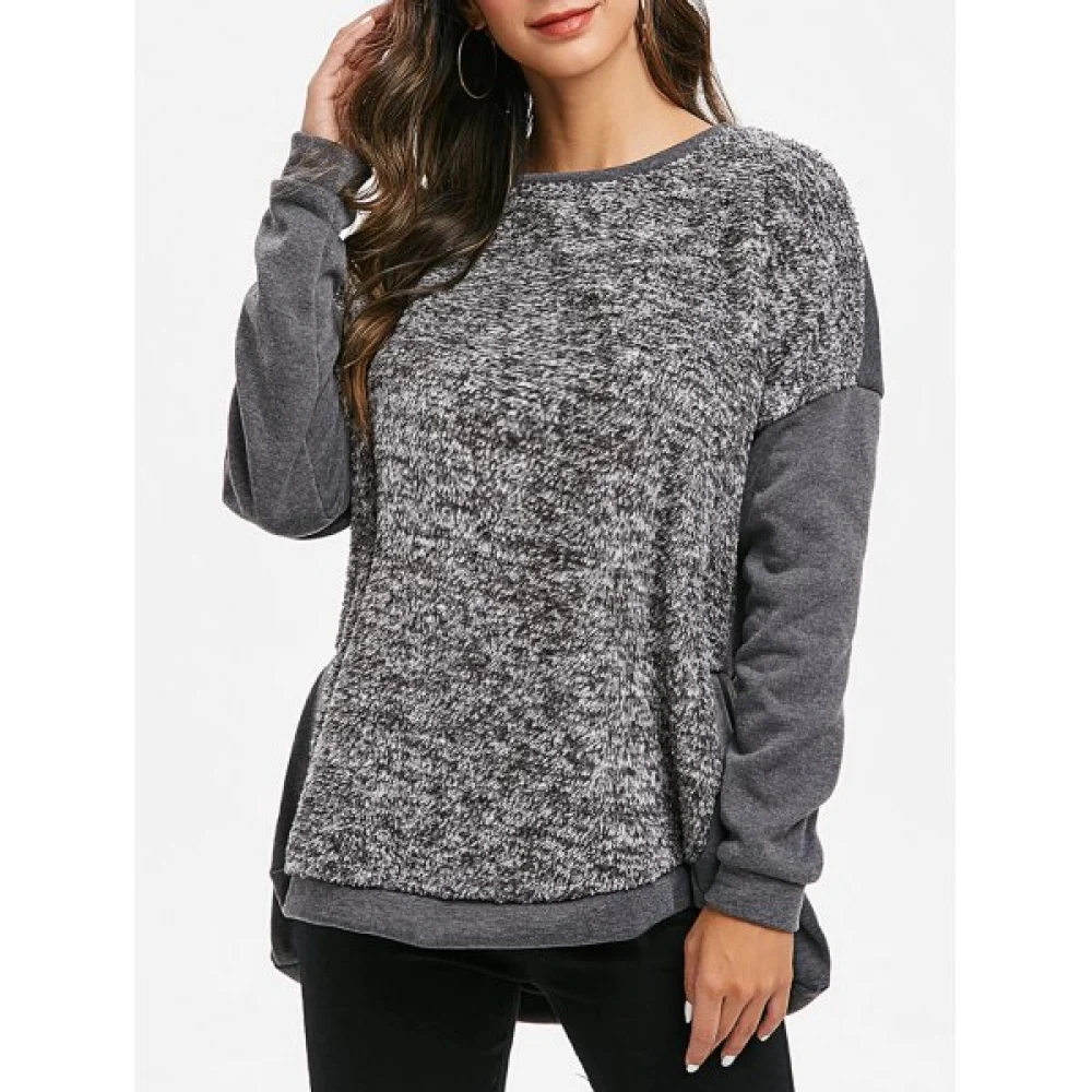 Faux Fur Panel Drop houlder Dip Hem weatshirt - Gray Fansmadedirect