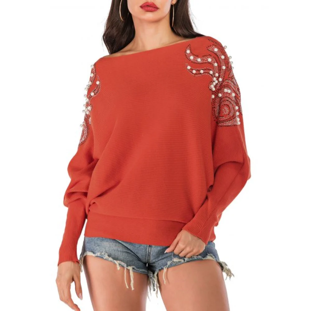 Faux Pearl Embellished Boat Neck Blouson weater - Bright Orange Fansmadedirect