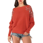 Faux Pearl Embellished Boat Neck Blouson weater - Bright Orange Fansmadedirect
