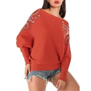 Faux Pearl Embellished Boat Neck Blouson weater - Bright Orange Fansmadedirect
