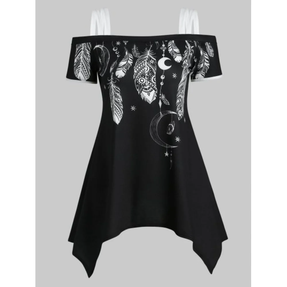 Feather oon Print Open Shoulder Asymmetrical T-shirt - Black Fansmadedirect