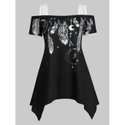 Feather oon Print Open Shoulder Asymmetrical T-shirt - Black Fansmadedirect