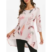 Feather Print Round Neck High Low Tee - Pink Fansmadedirect