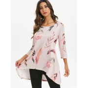 Feather Print Round Neck High Low Tee - Pink Fansmadedirect