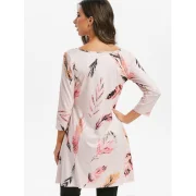 Feather Print Round Neck High Low Tee - Pink Fansmadedirect