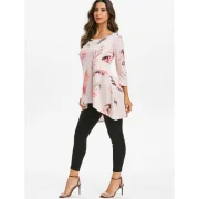Feather Print Round Neck High Low Tee - Pink Fansmadedirect