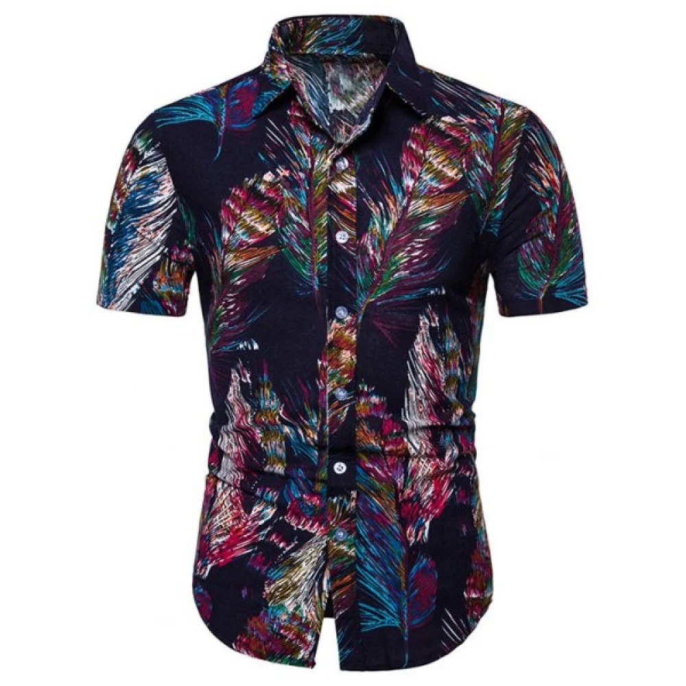 Feather Printed hort leeves hirt - Deep Blue Fansmadedirect