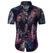 Feather Printed hort leeves hirt - Deep Blue Fansmadedirect