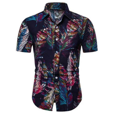 Feather Printed hort leeves hirt - Deep Blue Fansmadedirect