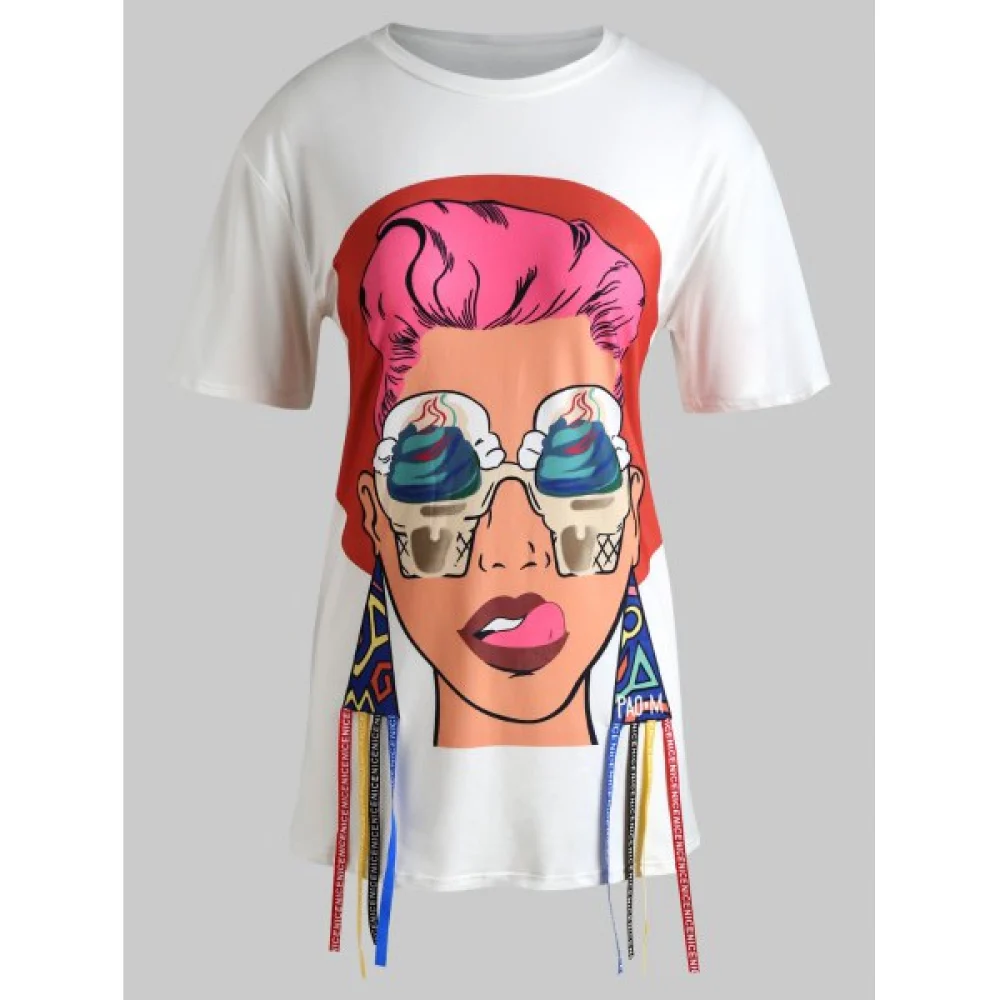 Figure Print Ribbon Graphic T-shirt - Milk White Fansmadedirect