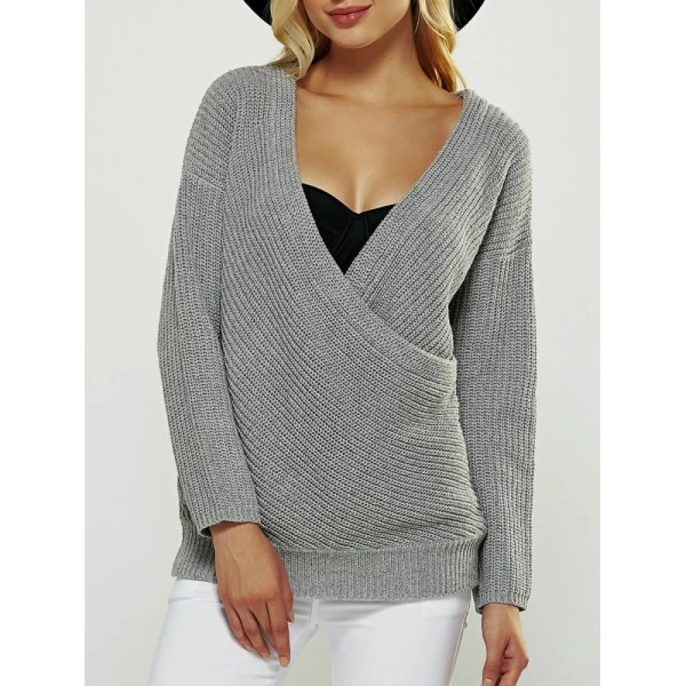Fitting Wrap Plunging Neck Long Sleeve Sweater - Gray One Fansmadedirect