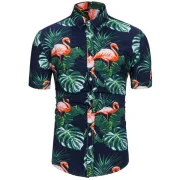 Flamingo Leaf Print Short Sleeves Shirt - Cadetblue Fansmadedirect
