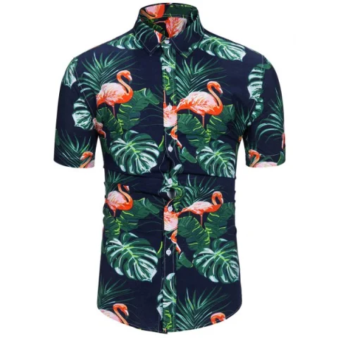 Flamingo Leaf Print Short Sleeves Shirt - Cadetblue Fansmadedirect