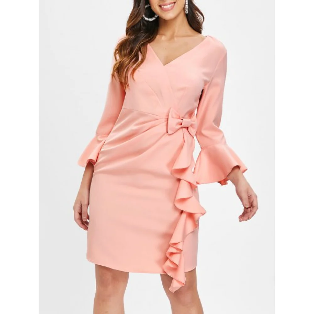 Flare Sleeve Bowknot Ruffle Dress - Orange Pink Fansmadedirect
