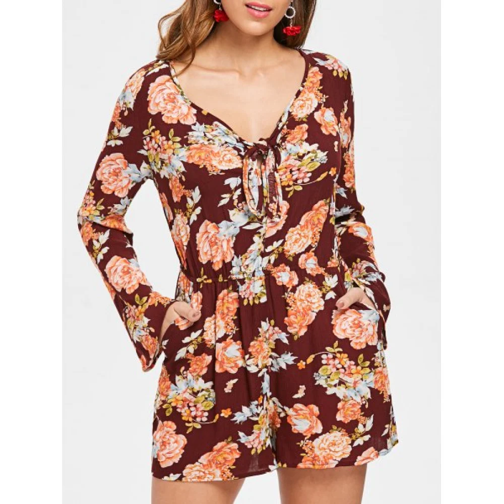 Flare Sleeve Knot Front Floral Romper - Fansmadedirect