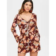 Flare Sleeve Knot Front Floral Romper - Fansmadedirect