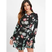 Flare Sleeve Tie Knot Floral Dress - Black Fansmadedirect