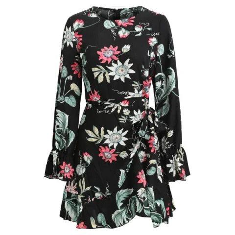 Flare Sleeve Tie Knot Floral Dress - Black Fansmadedirect