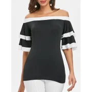 Flat houlder Color Trim Blouse - Black Fansmadedirect