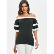 Flat houlder Color Trim Blouse - Black Fansmadedirect