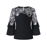 Floral Applique Bell Sleeve Blouse - Black Fansmadedirect