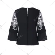 Floral Applique Bell Sleeve Blouse - Black Fansmadedirect